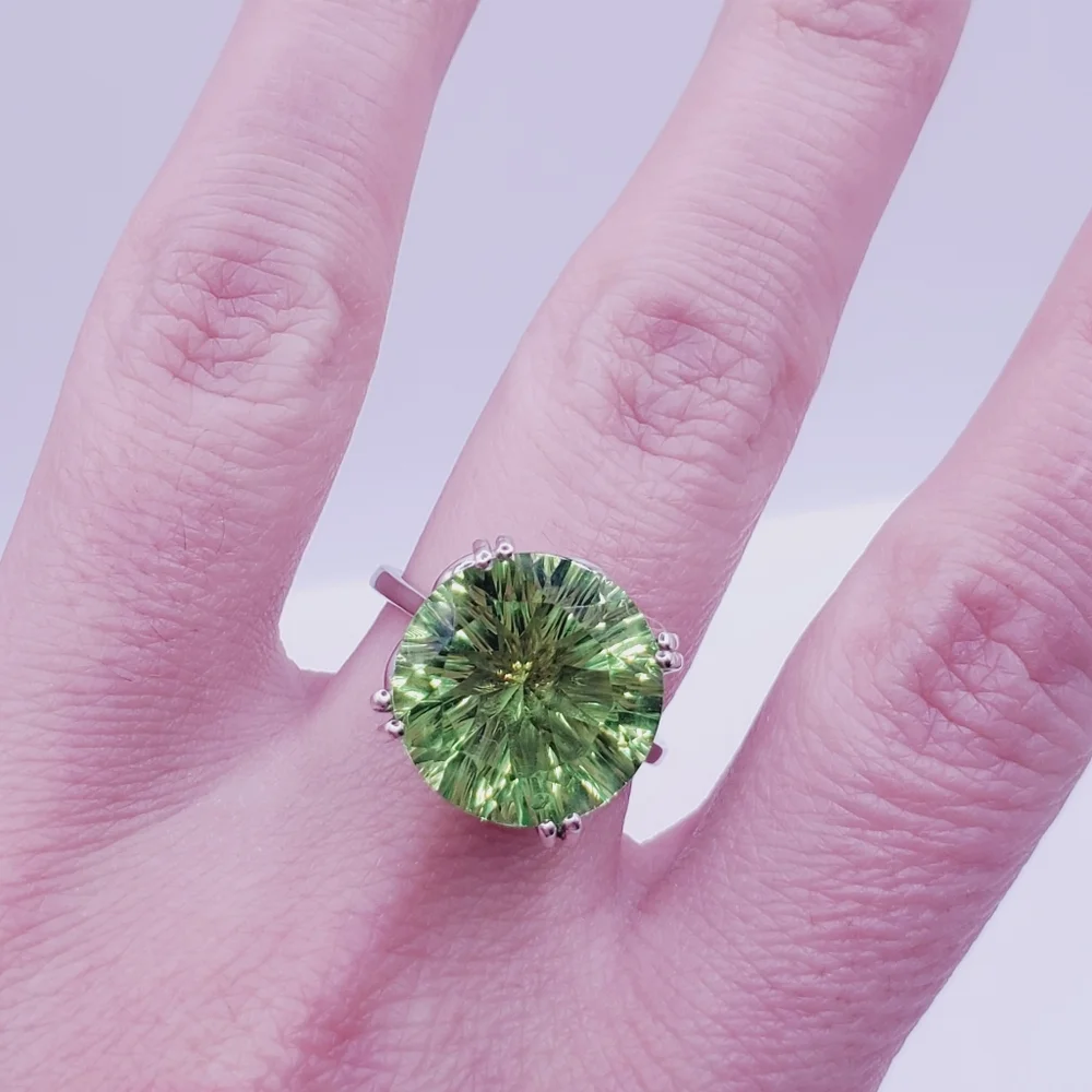 Concave Cut Chartreuse Quartz & White Zircon Platinum | 925 Sterling Silver Ring